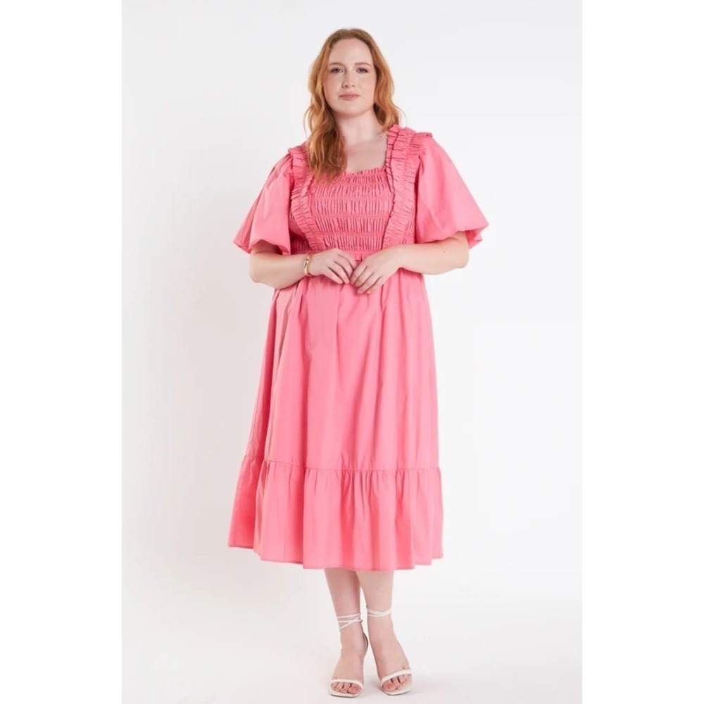 English Factory Dress Womens Size 1X Rose Pink Smocked Ruffled Midi Feminine‎